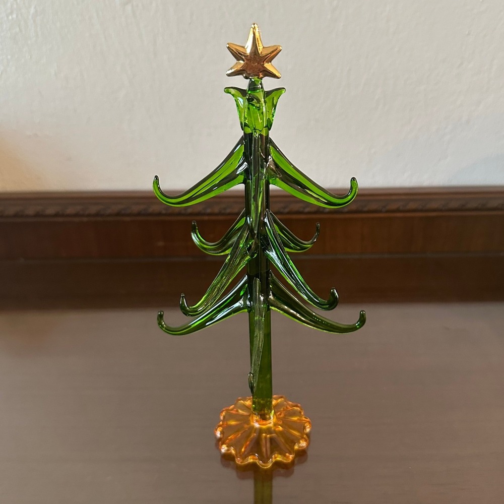 Vintage Green Blown Glass Christmas Tree Figurine Gold Star Amber Base 9 Inch